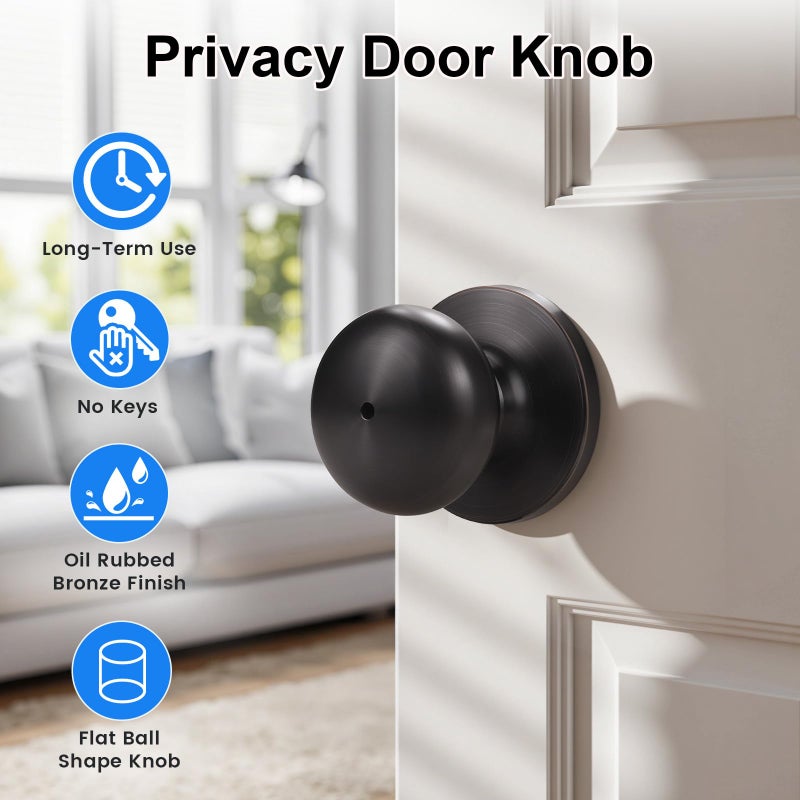 KNOBWELL 1 Pack Interior Door Knob Privacy Door Knob, Locking Door Knob for Bed or Bath Function Interior Door Use, Oil Rubbed Bronze, Round Shape - Image 2